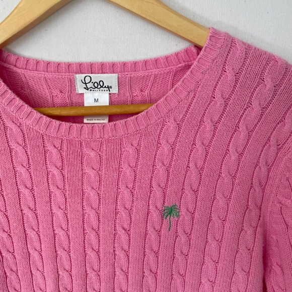 LILLY PULITZER Size Medium Pink Cable Knit Crewneck Sweater 100% Cotton - Picture 2 of 5